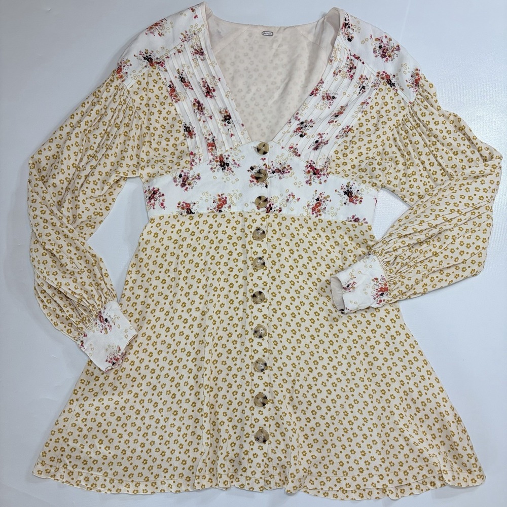 Free People Wonderland Mini Dress Womens Small Ivory Floral Button Front Boho